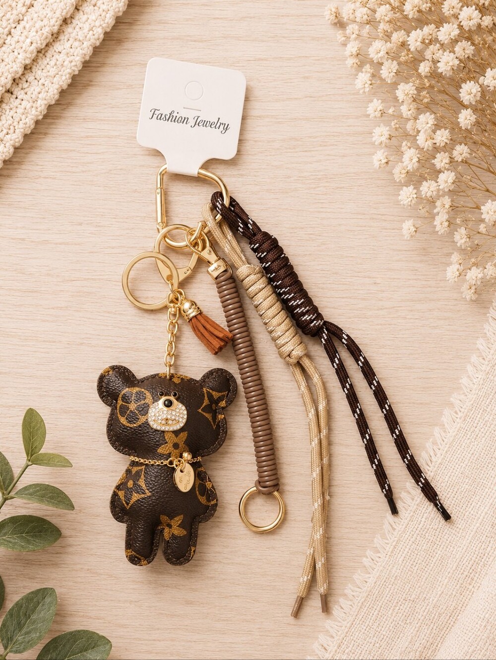 Fashion Jewelry Brown Bear Charm Keychain with Tassels and Rope Accents